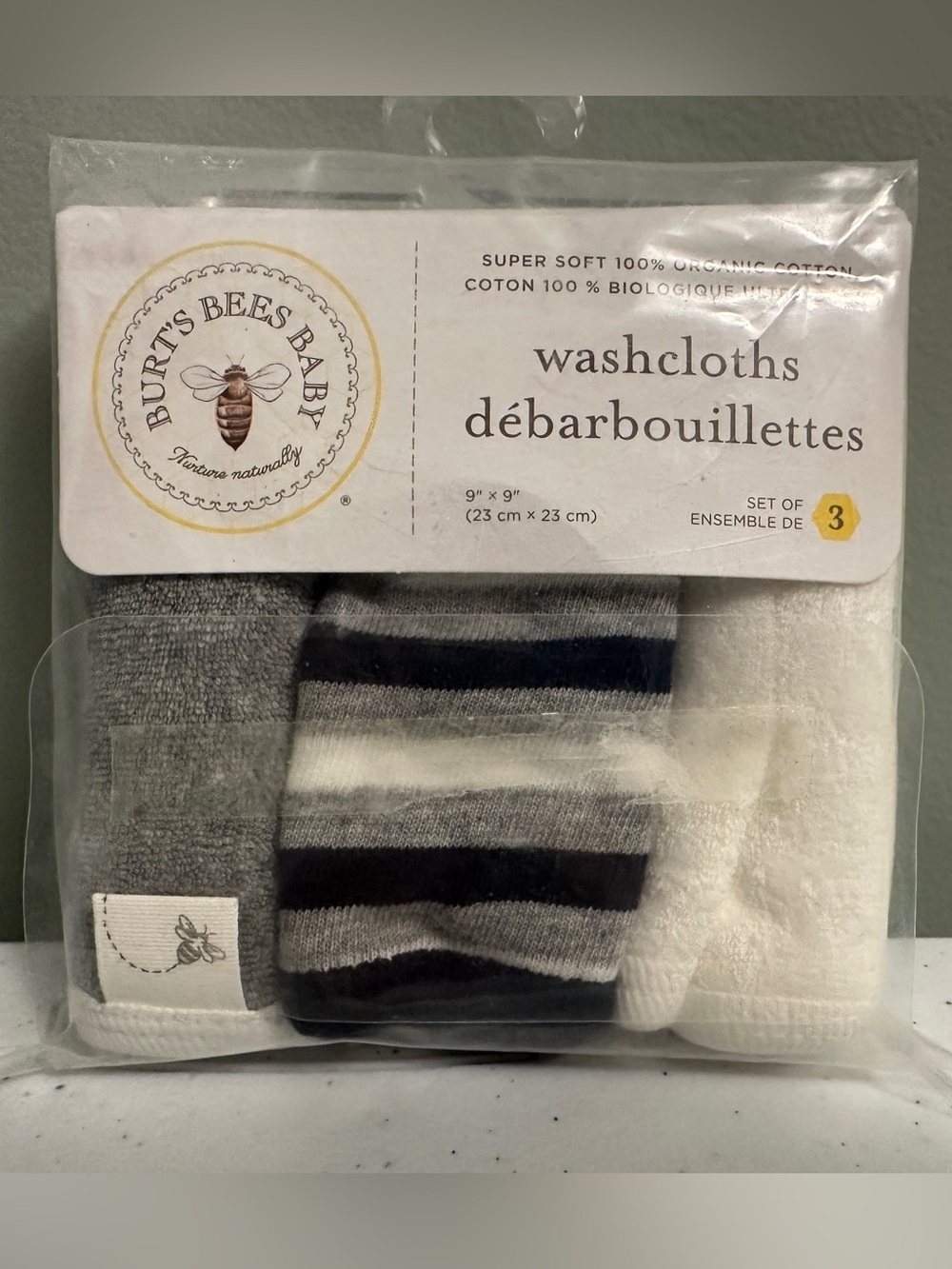 Burts Bees Soft 100% Organic Cotton Baby Washcloths Set of 3 New